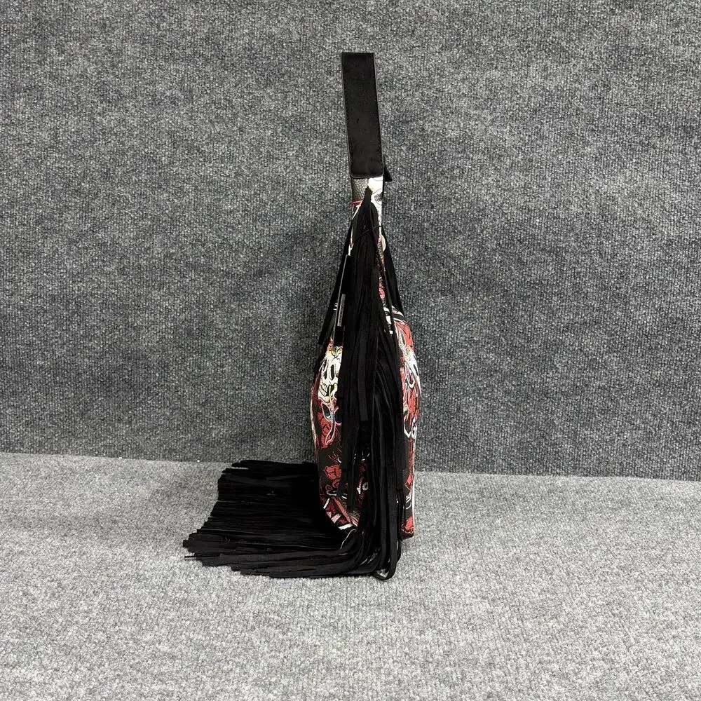 Ed Hardy Hobo Bag Womens Large Red Black Skull Rose Fringe Adjustable Print Y2K